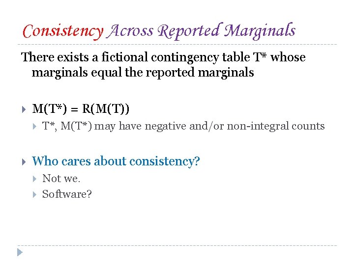 Consistency Across Reported Marginals There exists a fictional contingency table T* whose marginals equal