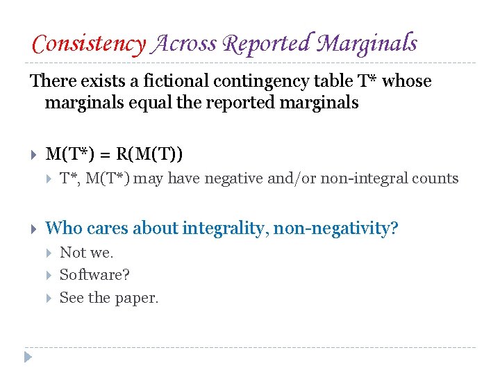 Consistency Across Reported Marginals There exists a fictional contingency table T* whose marginals equal