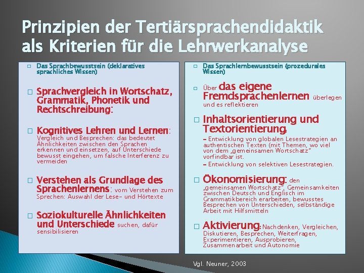 Prinzipien der Tertiärsprachendidaktik als Kriterien für die Lehrwerkanalyse � � Das Sprachbewusstsein (deklaratives sprachliches