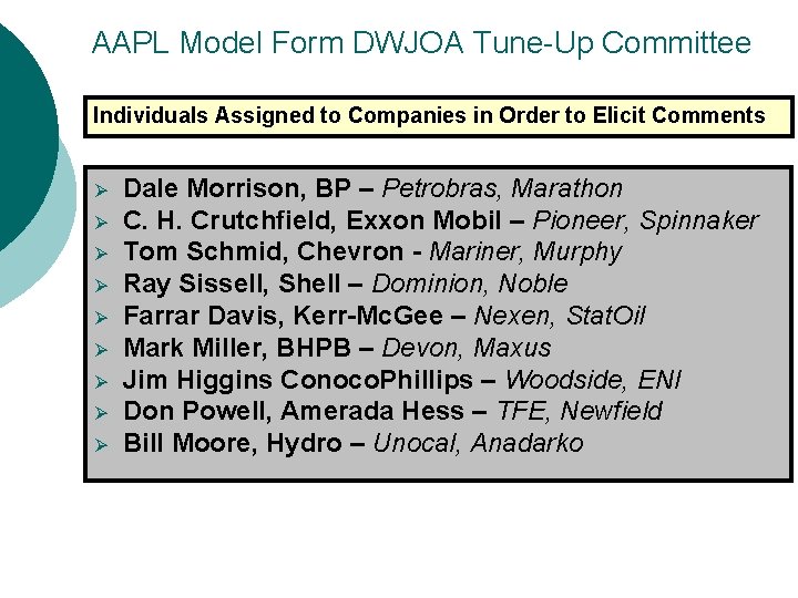 AAPL Model Form DWJOA Tune-Up Committee Individuals Assigned to Companies in Order to Elicit
