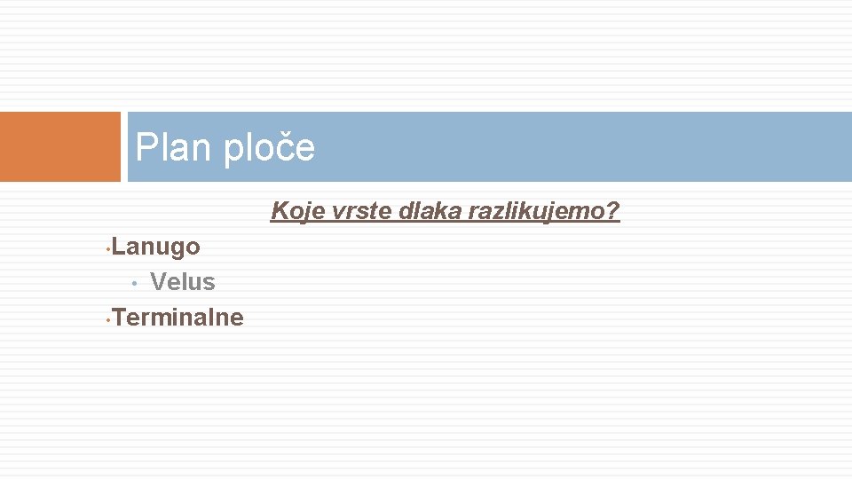 Plan ploče Koje vrste dlaka razlikujemo? Lanugo • Velus • Terminalne • 