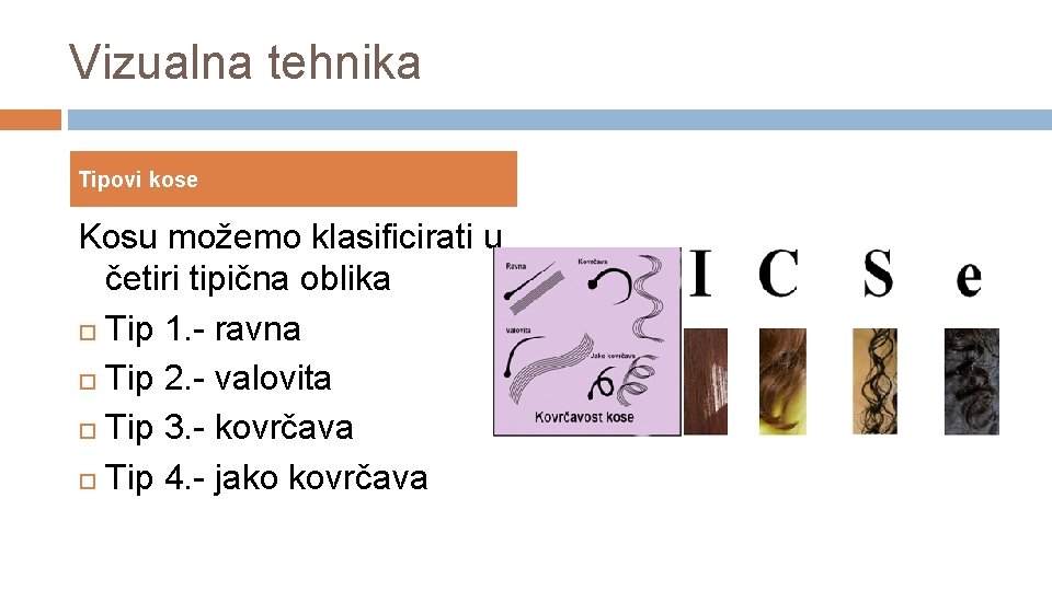 Vizualna tehnika Tipovi kose Kosu možemo klasificirati u četiri tipična oblika Tip 1. -