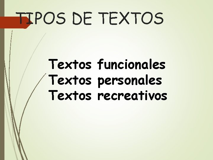 TIPOS DE TEXTOS Textos funcionales Textos personales Textos recreativos 