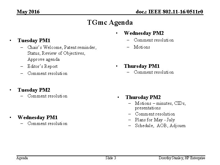 May 2016 doc. : IEEE 802. 11 -16/0511 r 0 TGmc Agenda • •