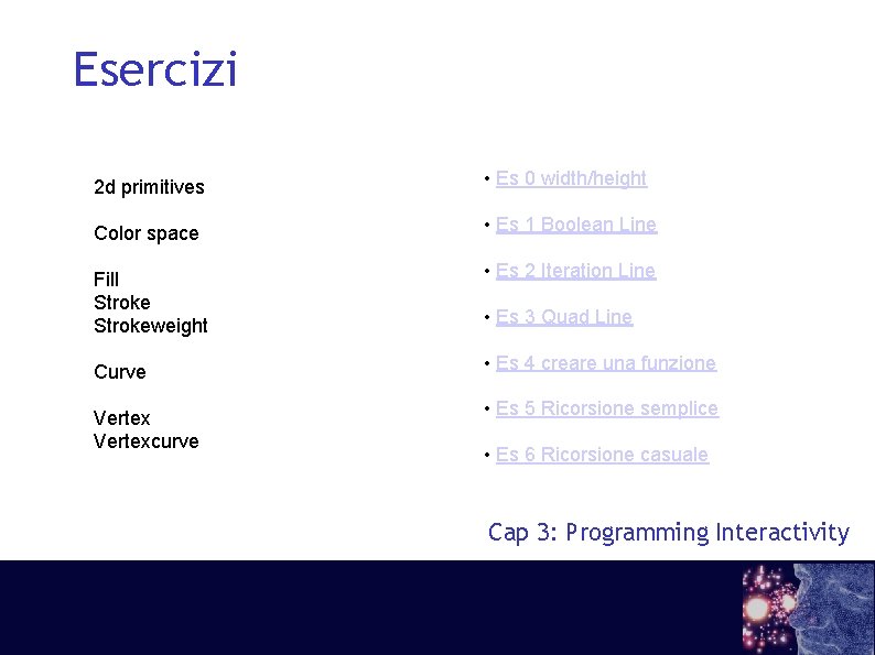 Esercizi 2 d primitives • Es 0 width/height Color space • Es 1 Boolean