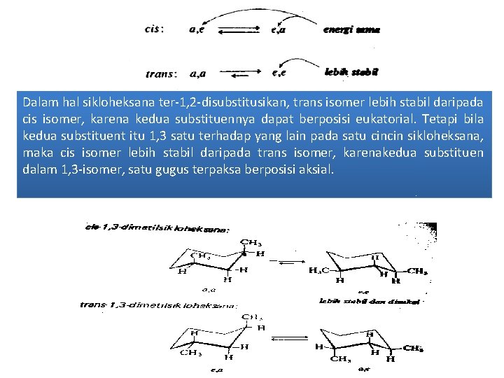 Dalam hal sikloheksana ter-1, 2 -disubstitusikan, trans isomer lebih stabil daripada cis isomer, karena