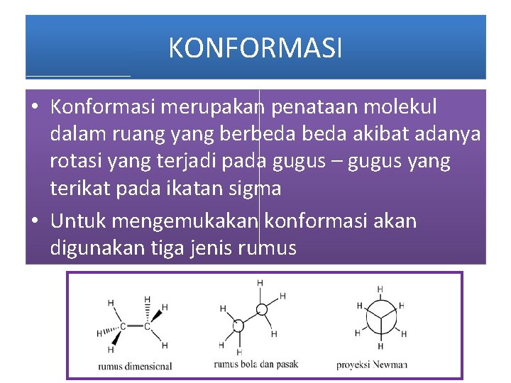 KONFORMASI • Konformasi merupakan penataan molekul dalam ruang yang berbeda akibat adanya rotasi yang