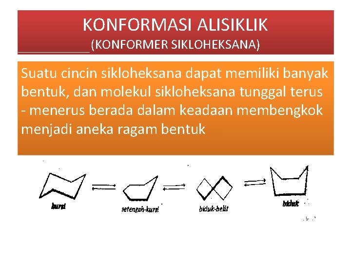 KONFORMASI ALISIKLIK (KONFORMER SIKLOHEKSANA) Suatu cincin sikloheksana dapat memiliki banyak bentuk, dan molekul sikloheksana