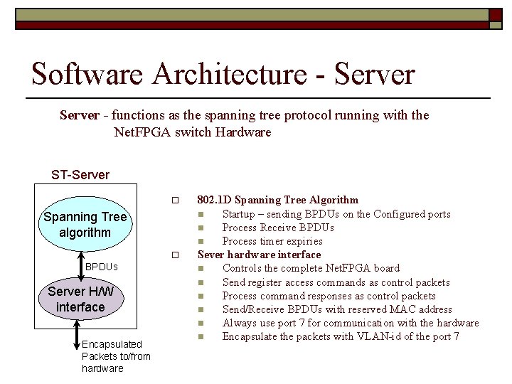 Software Architecture - Server - functions as the spanning tree protocol running with the