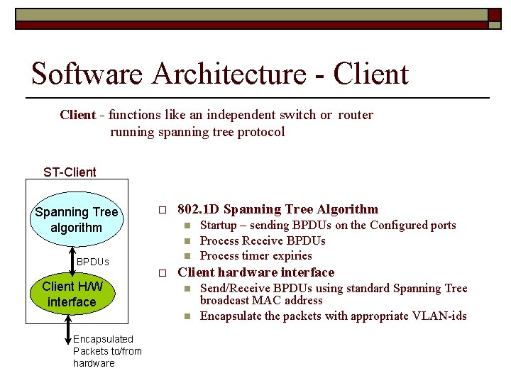 Software Architecture - Client - functions like an independent switch or router running spanning