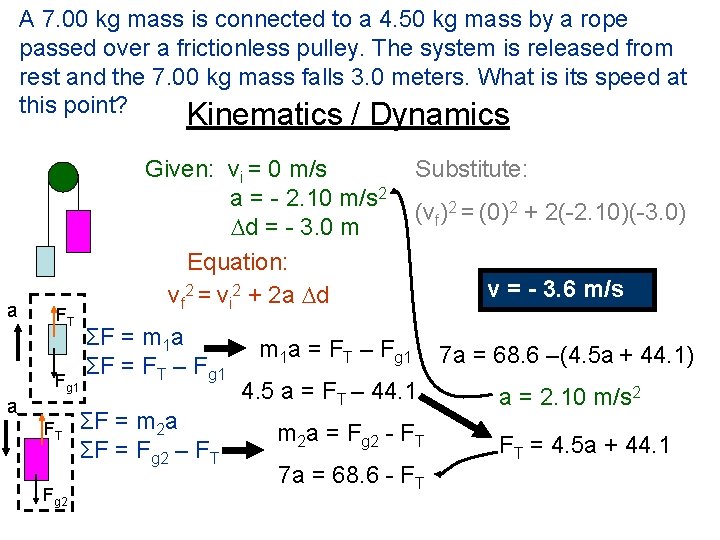 A 7. 00 kg mass is connected to a 4. 50 kg mass by