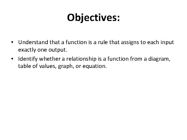 Objectives: • Understand that a function is a rule that assigns to each input