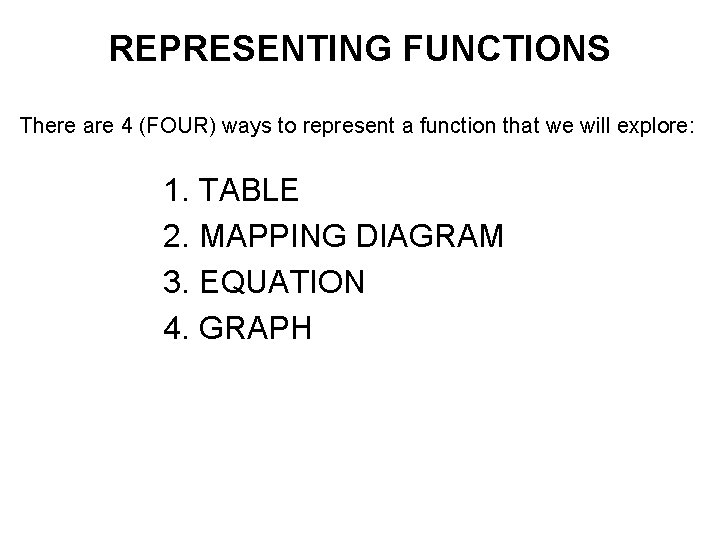 REPRESENTING FUNCTIONS There are 4 (FOUR) ways to represent a function that we will