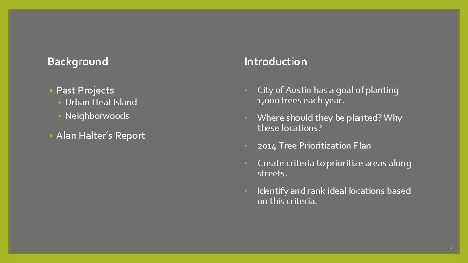 Background • Past Projects Urban Heat Island • Neighborwoods Introduction • City of Austin