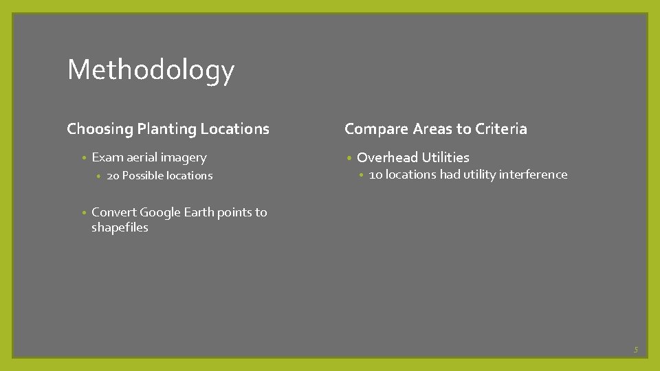 Methodology Choosing Planting Locations • Exam aerial imagery • • 20 Possible locations Compare