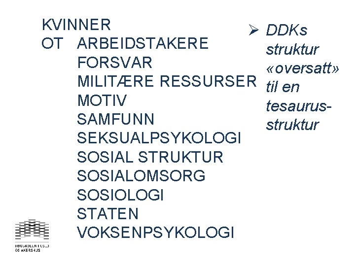 KVINNER Ø OT ARBEIDSTAKERE FORSVAR MILITÆRE RESSURSER MOTIV SAMFUNN SEKSUALPSYKOLOGI SOSIAL STRUKTUR SOSIALOMSORG SOSIOLOGI