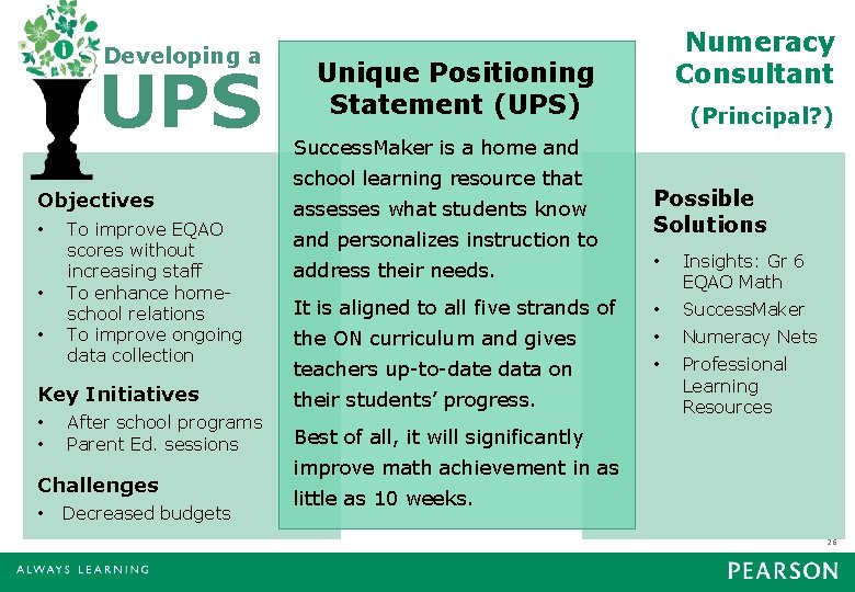 Developing a UPS Objectives • • • To improve EQAO scores without increasing staff