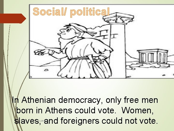 Social/ political In Athenian democracy, only free men born in Athens could vote. Women,