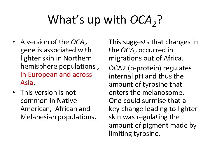 What’s up with OCA 2? • A version of the OCA 2 gene is