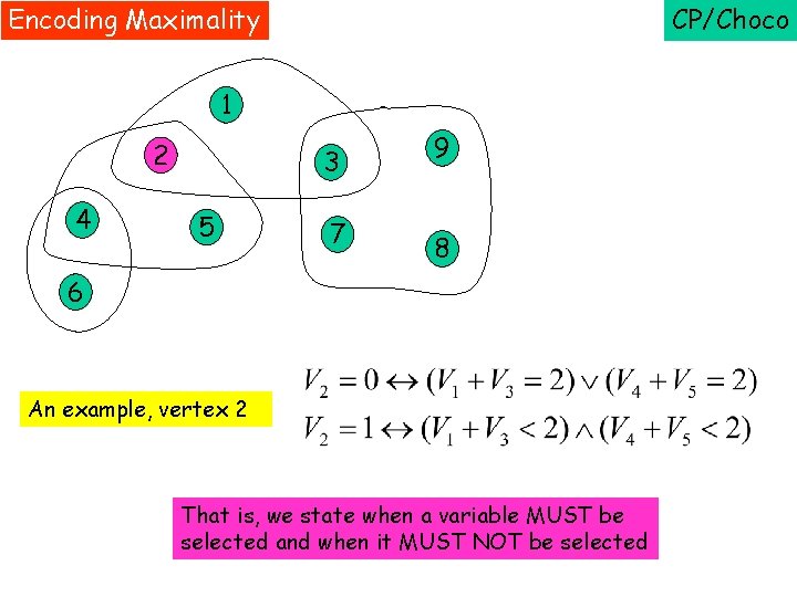 Encoding Maximality CP/Choco 1 2 4 3 5 7 9 8 6 An example,