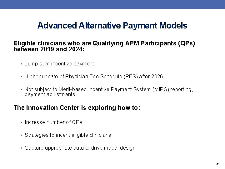 Advanced Alternative Payment Models Eligible clinicians who are Qualifying APM Participants (QPs) between 2019