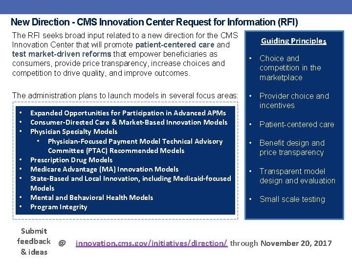 New Direction - CMS Innovation Center Request for Information (RFI) The RFI seeks broad