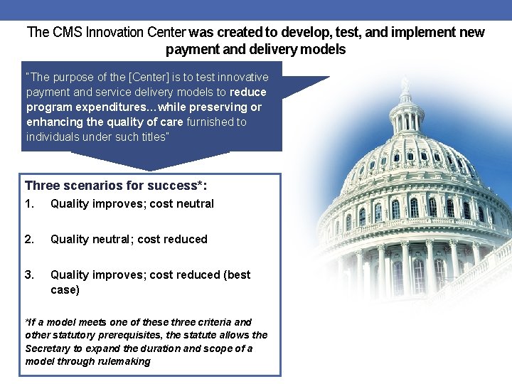 The CMS Innovation Center was created to develop, test, and implement new payment and