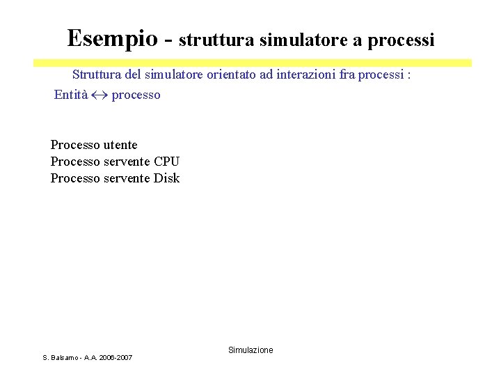 Esempio - struttura simulatore a processi Struttura del simulatore orientato ad interazioni fra processi