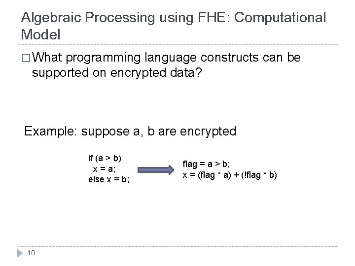 Algebraic Processing using FHE: Computational Model � What programming language constructs can be supported