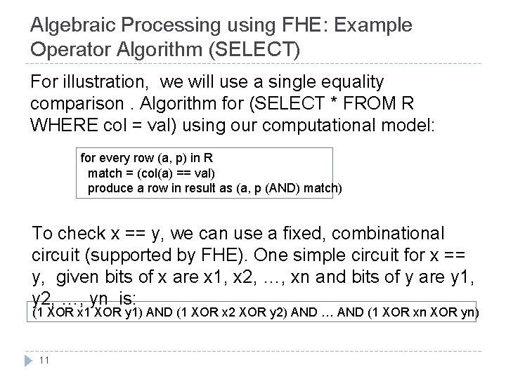 Algebraic Processing using FHE: Example Operator Algorithm (SELECT) For illustration, we will use a