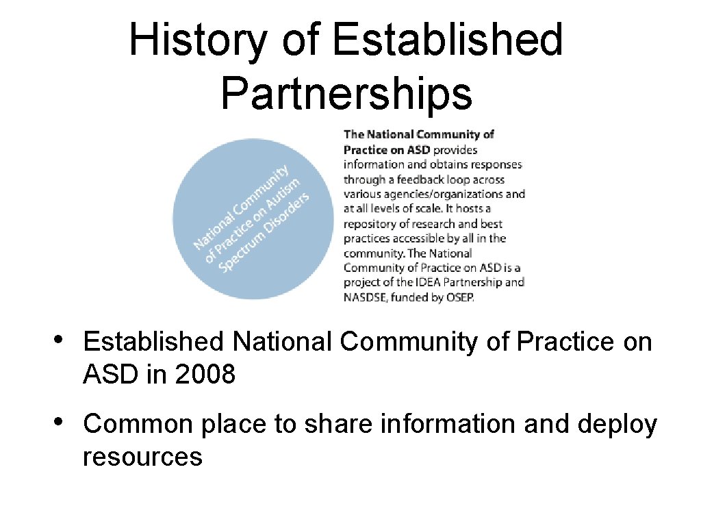 History of Established Partnerships • Established National Community of Practice on ASD in 2008