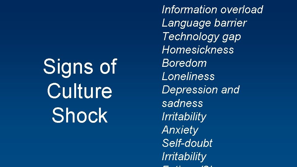 Signs of Culture Shock Information overload Language barrier Technology gap Homesickness Boredom Loneliness Depression