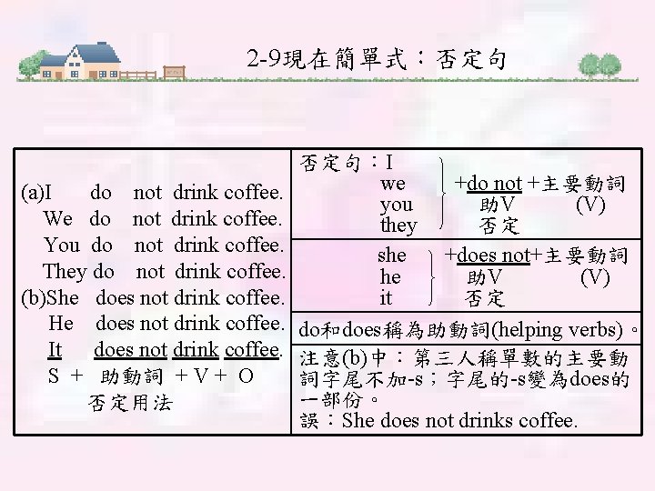 2 -9現在簡單式：否定句 (a)I do not drink coffee. We do not drink coffee. You do