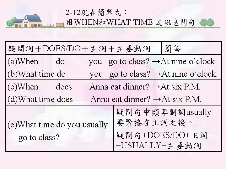 2 -12現在簡單式： 用WHEN和WHAT TIME 造訊息問句 疑問詞＋DOES/DO＋主詞＋主要動詞 簡答 (a)When do you go to class? →At