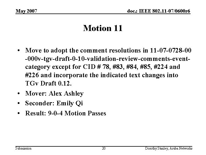 May 2007 doc. : IEEE 802. 11 -07/0600 r 6 Motion 11 • Move