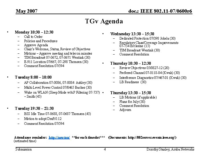 May 2007 doc. : IEEE 802. 11 -07/0600 r 6 TGv Agenda • Monday