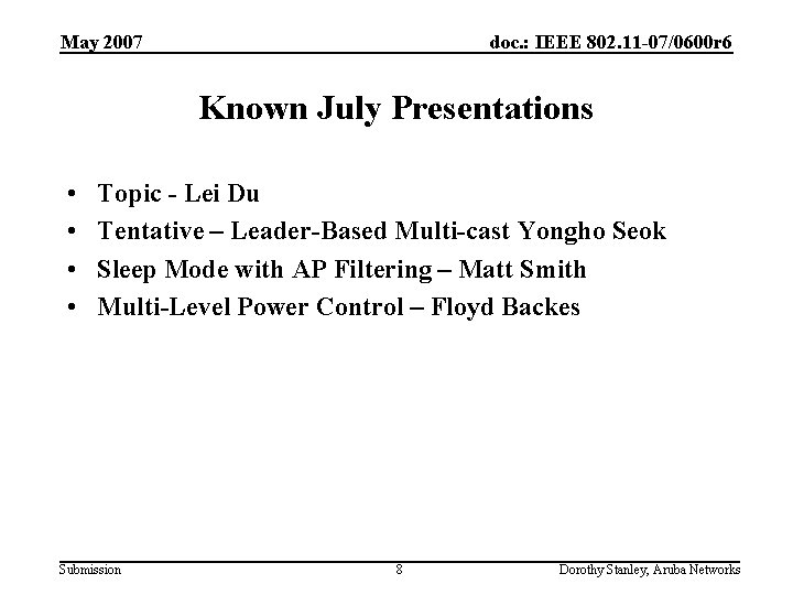 May 2007 doc. : IEEE 802. 11 -07/0600 r 6 Known July Presentations •