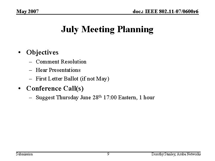 May 2007 doc. : IEEE 802. 11 -07/0600 r 6 July Meeting Planning •