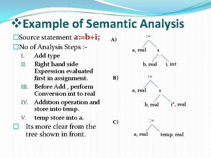 v. Example of Semantic Analysis �Source statement a: =b+i; �No of Analysis Steps :