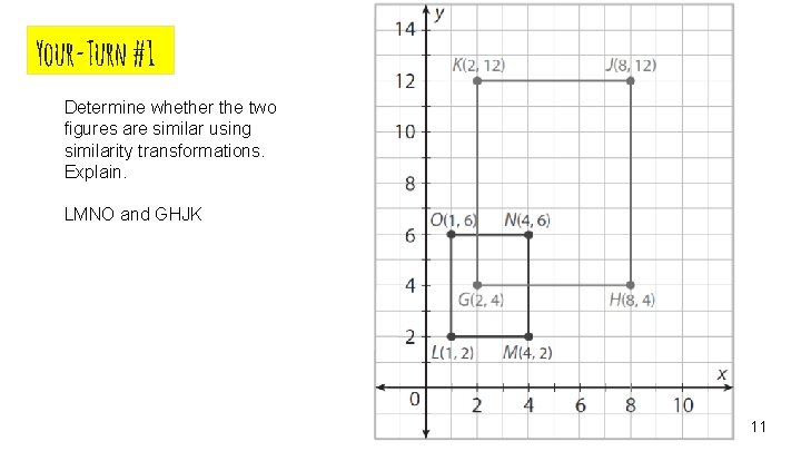 Your-Turn #1 Determine whether the two figures are similar using similarity transformations. Explain. LMNO