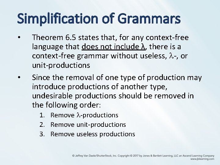 Simplification of Grammars • • Theorem 6. 5 states that, for any context-free language