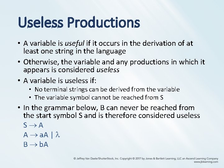 Useless Productions • A variable is useful if it occurs in the derivation of