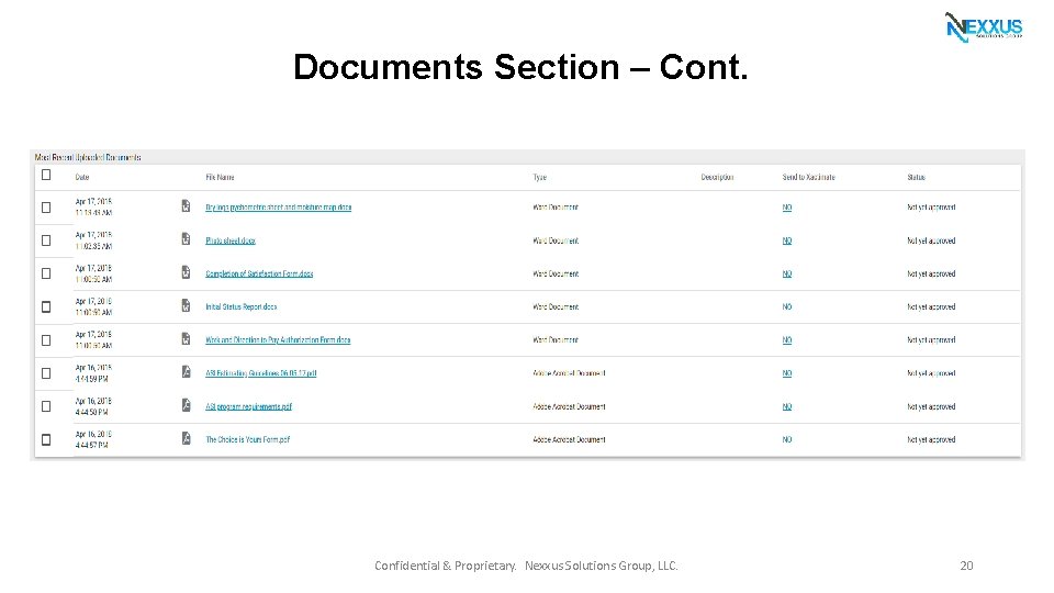 Documents Section – Cont. Confidential & Proprietary. Nexxus Solutions Group, LLC. 20 