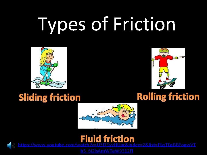 Types of Friction Sliding friction Rolling friction Fluid friction https: //www. youtube. com/watch? v=U