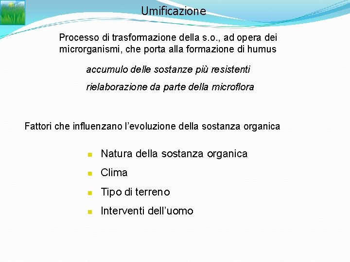 Umificazione Processo di trasformazione della s. o. , ad opera dei microrganismi, che porta