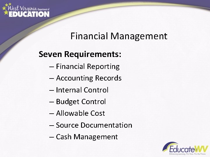 Financial Management Seven Requirements: – Financial Reporting – Accounting Records – Internal Control –