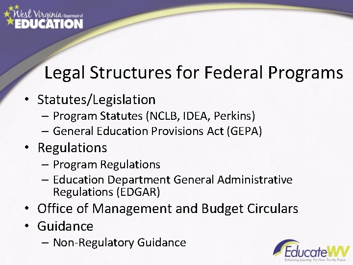 Legal Structures for Federal Programs • Statutes/Legislation – Program Statutes (NCLB, IDEA, Perkins) –