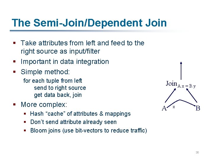 The Semi-Join/Dependent Join § Take attributes from left and feed to the right source