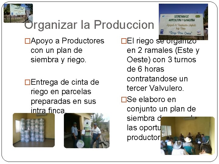 Organizar la Produccion �Apoyo a Productores con un plan de siembra y riego. �Entrega