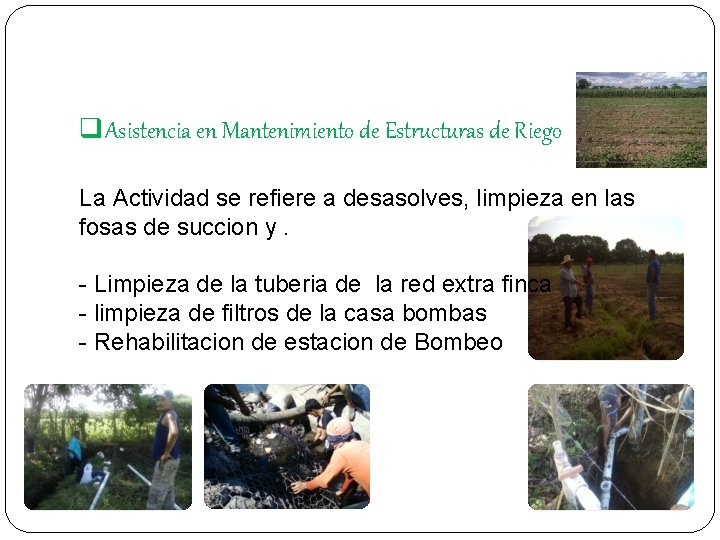 q. Asistencia en Mantenimiento de Estructuras de Riego La Actividad se refiere a desasolves,